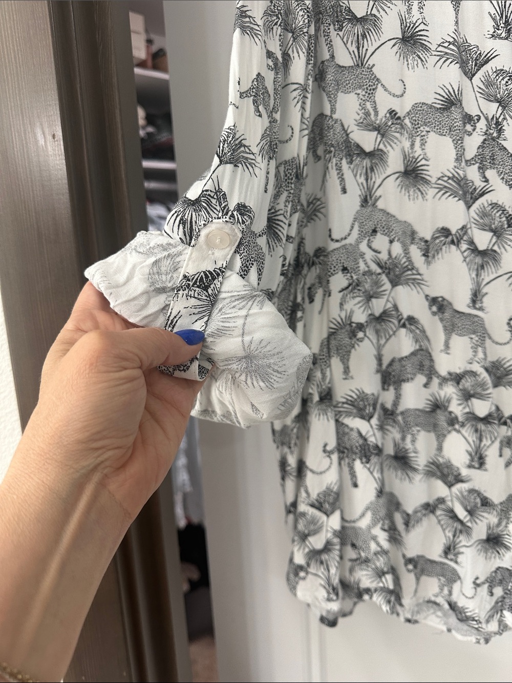 Jane and Delancey White and Black Leopard Print Button-Up Blouse - Picture 2 of 5